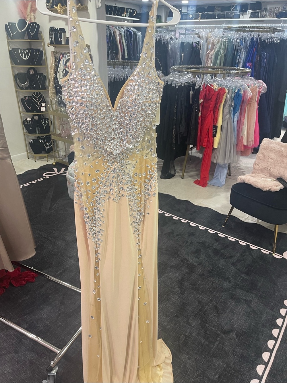 Panoply Champagne/Tan Crystal Embellished V-Neck Evening Gown